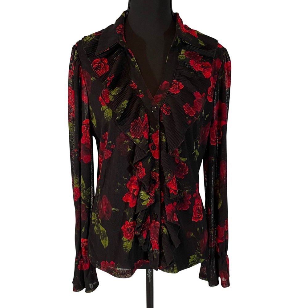 EMBER Black Red Rose Ruffle Sheer Long Sleeve Button Up‎ Blouse Top L Whimsygoth